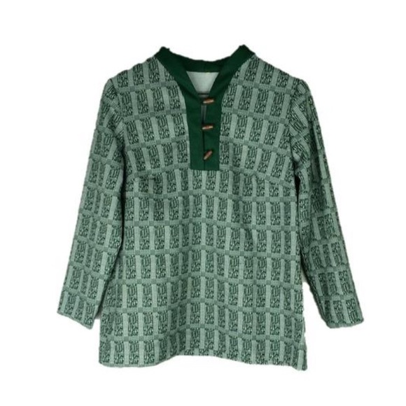 Vintage 70s Green Print Long Sleeve Top Toggle M - Picture 1 of 4